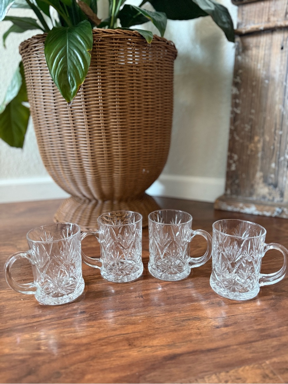 Set of 4 Vintage Paul Sebastian Crystal Coffee Mugs Clear Pressed Glass Cups
